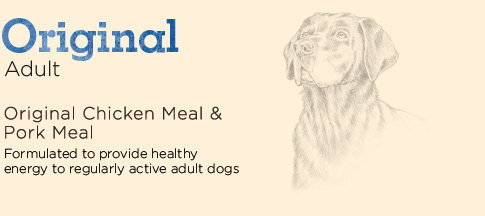 Original Adult formula with original chicken meal and pork meal recipe. Formulated to provide healthy energy to regularly active adult dogs.